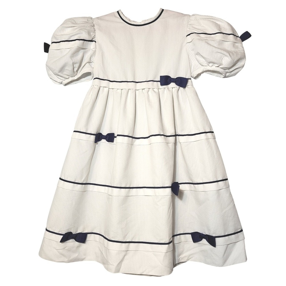 VTG Sylvia Whyte Neiman‎ Marcus Kids Seersucker Bow Puff Sleeve Dress White 5